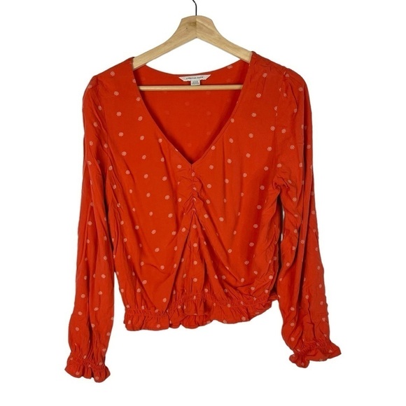 American Eagle AEO Red Floral Printed Smocked Front Long Sleeve S - Picture 1 of 3